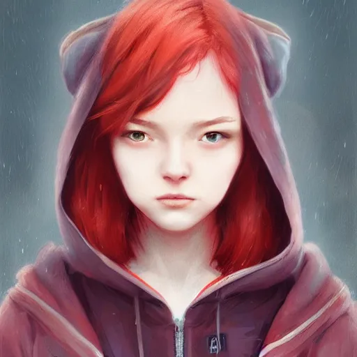 Prompt: a girl with short red hair wearing a hoodie, digital art, very beautiful face, pretty face, very detailed eyes, full body illustration, 8 k resolution, soft painting, by greg rutkowski, wlop, rossdraws,