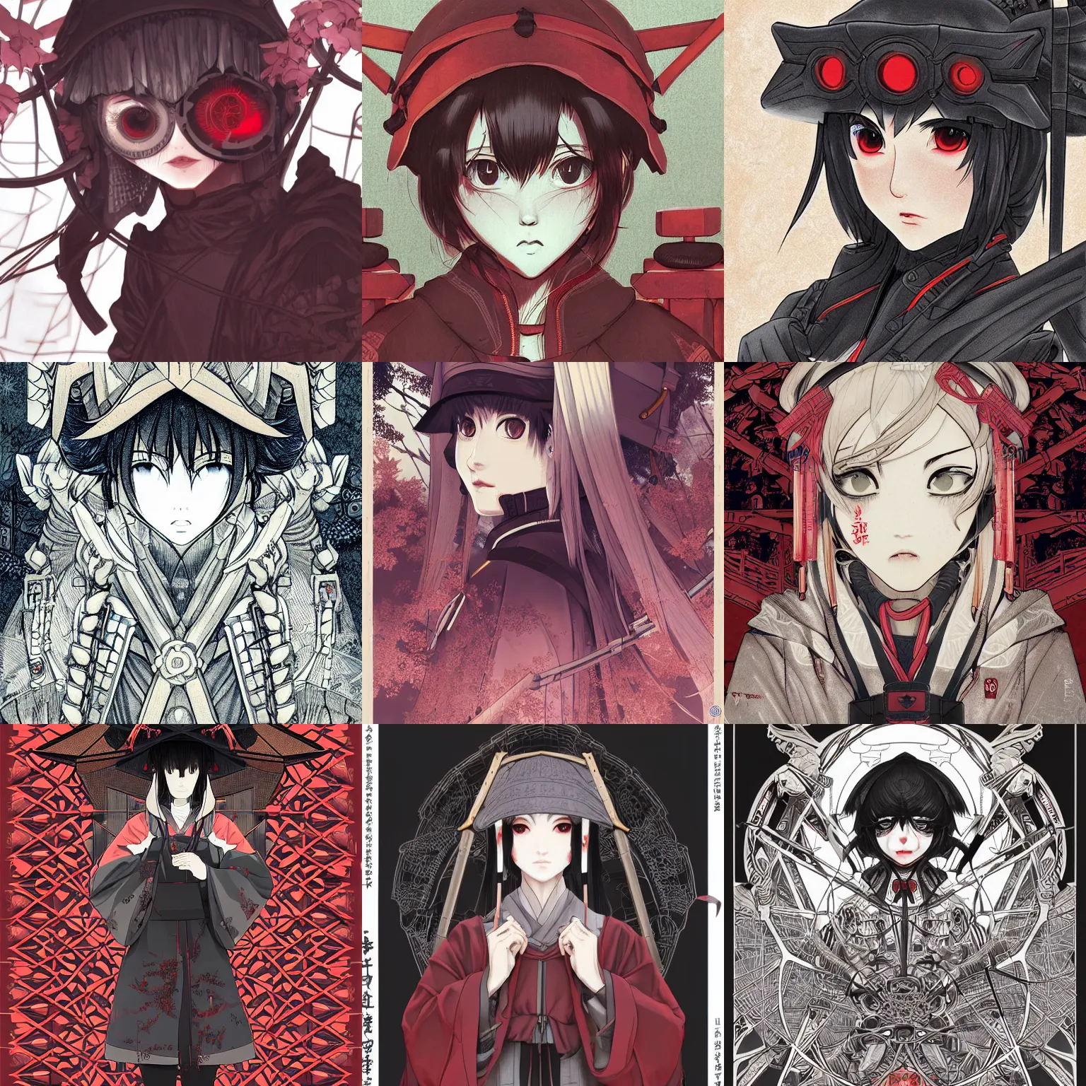 Prompt: techwear occultist, torii, shrine, inari shrine, miko, touhou project, beautiful, detailed symmetrical close up portrait, intricate complexity, in the style of kyoto animation key visuals and takato yamamoto, artgerm, cel shaded