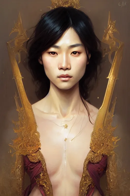 Prompt: semi-realistic portrait of an asian prince, face, thin, fantasy, intricate, elegant, digital painting, artstation, concept art, smooth, sharp focus, illustration, art by artgerm and greg rutkowski and alphonse mucha