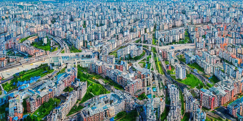 Prompt: bird's eye view photograph of a highrise Russian city, apartments, train station, pond, wide roads, no watermarks, extremely detailed photography