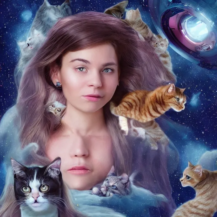 Image similar to the face of a beautiful girl from the future, surrounded by cats, flies in a spaceship, detailed, concept matte painting