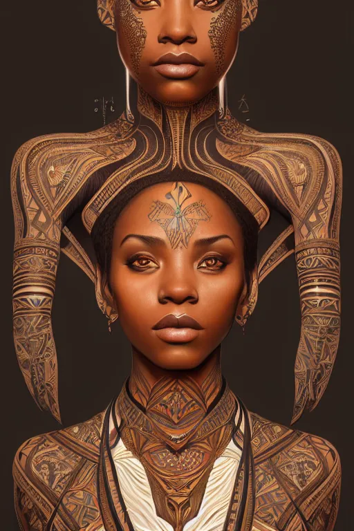 Image similar to symmetrical body portrait of beautiful nubian tribal tattooed young woman, intricate, elegant, highly detailed, digital painting, artstation, concept art, smooth, sharp focus, illustration, art by artgerm and greg rutkowski and alphonse mucha, 8 k