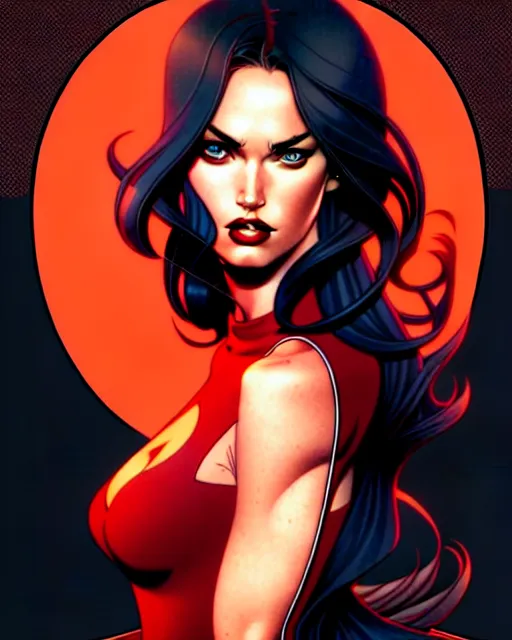 Prompt: artgerm, joshua middleton comic cover art, full body pretty megan fox holding a shotgun, red dress, symmetrical eyes, symmetrical face, long curly black hair, dark city background, cinematic lighting