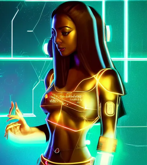 Image similar to symmetry!! egyptian princess of technology, solid cube of light, hard edges, product render retro - futuristic poster scifi, lasers and neon circuits, beautiful brown skin woman egyptian princess, intricate, elegant, highly detailed, digital painting, artstation, concept art, smooth, sharp focus, illustration, dreamlike, art by artgerm