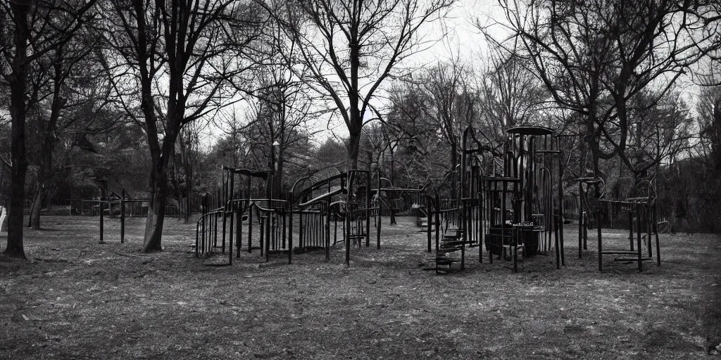 Image similar to a haunted playground from the 1930s full of ghosts at night, swings, horror movie aesthetic, evil, cinematic