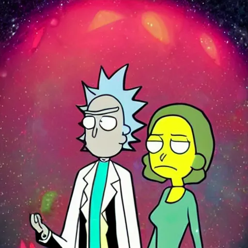 Prompt: rick and morty in a fancy interstellar nightclub dancing and drinking, partylights, great colors, by esao andrews, trending on artstation