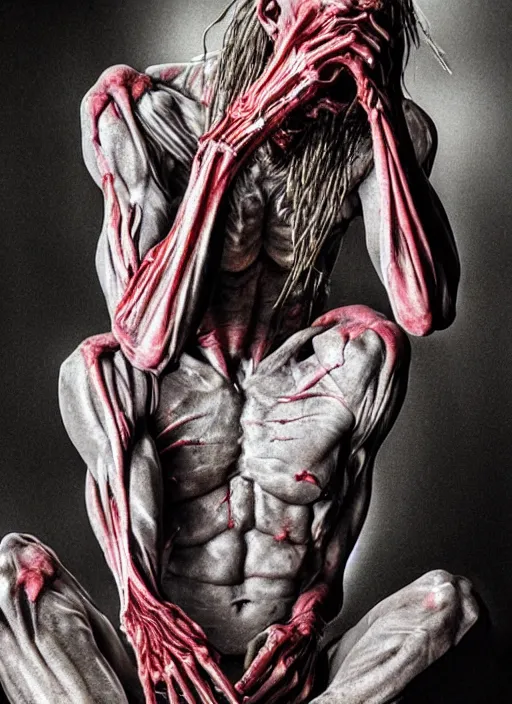 Image similar to Ghostemane with translucent skin, visible muscles and veins and arteries and bones and spines and nerves, beautiful detailed intricate insanely detailed octane render, 8k artistic photography, photorealistic, chiaroscuro, by David Cronenberg, Raphael, Caravaggio