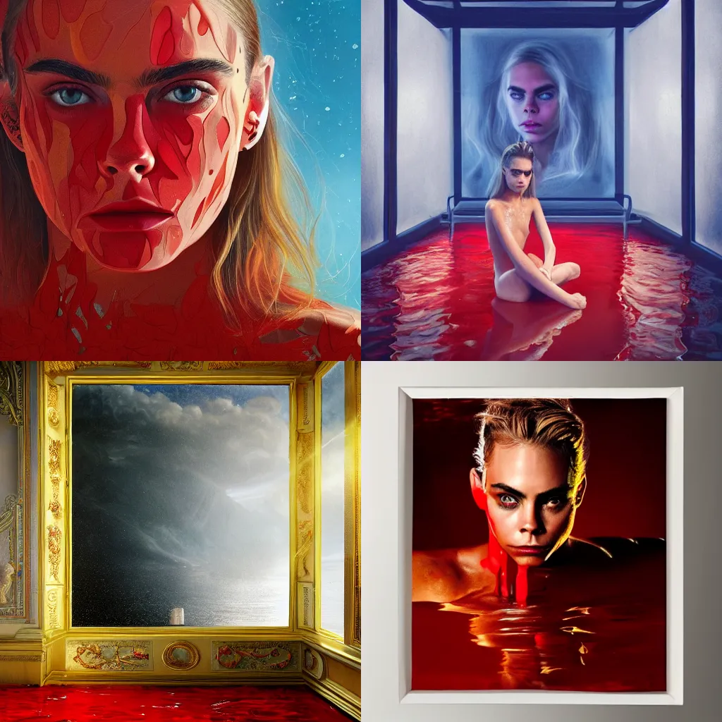 Prompt: Cara Delevigne with clear face and full body laying in a blood red pool of water between a bright golden glowing mirror frame, outside is space and inside the mirror frame is a beautiful landscape. Hyperrealistic surreal 4K IMAX Rene Margritte intricate, elegant, highly detailed, digital painting, artstation, concept art, smooth, sharp focus, illustration, art by artgerm and greg rutkowski and alphonse mucha