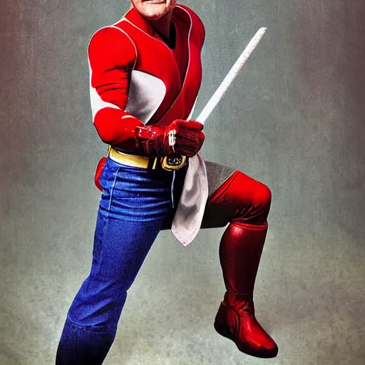 Prompt: robin williams as the red power ranger, digital photography high detail,