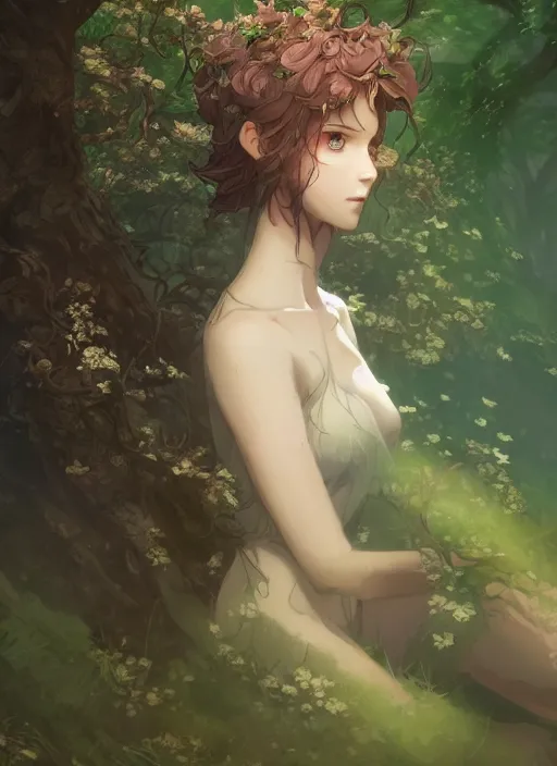 Image similar to a portrait a dryad in a forest, intricate, tone mapped, ambient lighting, highly detailed, digital painting, artstation, concept art, sharp focus, by makoto shinkai and akihiko yoshida and hidari and wlop