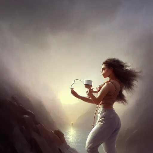 Prompt: epic portrait an waitress drinking coffee, short sleeved, white uniform, muscular, sweaty skin, wet long flowing hair, broad light, ambient occlusion, volumetric light effect, made by ivan aivazovsky, peter mohrbacher, greg rutkowski, matte painting, trending on artstation, 4 k, perfectly defined features, digital painting,