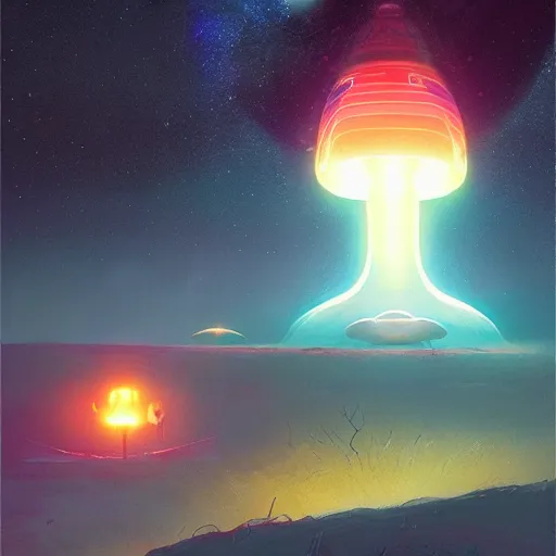Prompt: glowing ufo inspired by René Laloux, Dan Mumford, Greg Rutkowski, stars, space cinematic