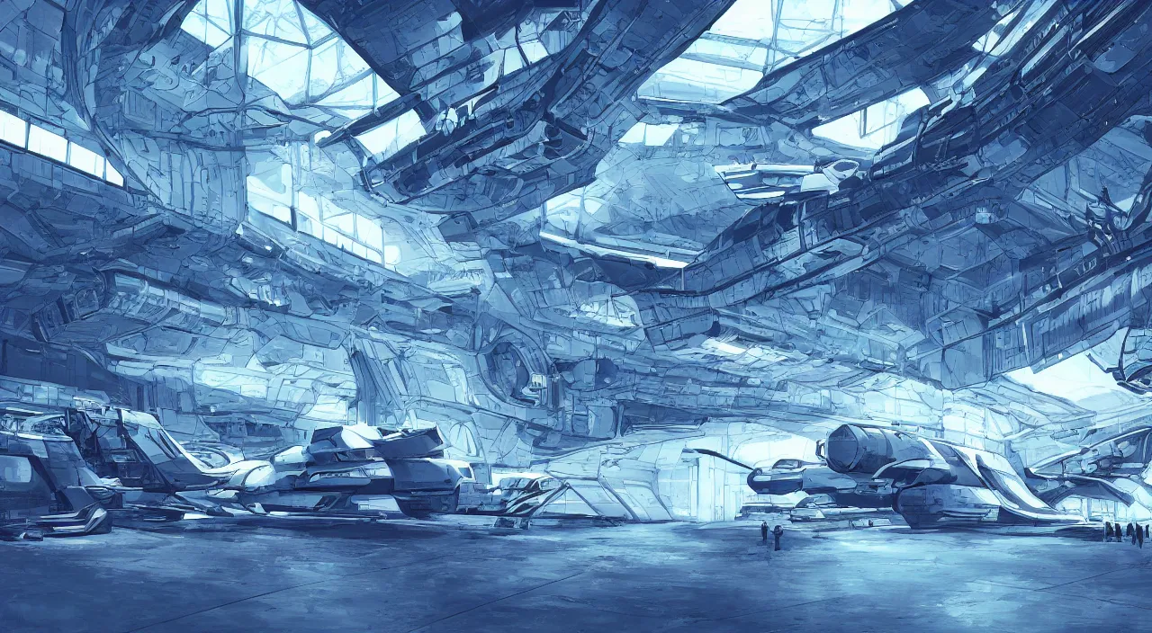 Image similar to digital illustration of a detailed spaceship in a hangar, sci fi, cold blue colors, trending on artstation