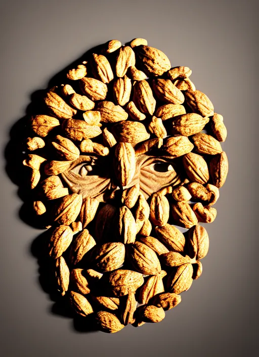 Prompt: face made of walnuts, sharpfocus, photorealism, soft diffuse autumn lights, some sun light ray, dark room wall, canon 5 d 5 0 mm lens