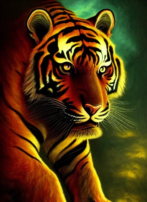 Image similar to portrait of a humanoid tiger and a black cat, atmospheric lighting, painted, menacing, intricate, volumetric lighting, beautiful, rich deep colours masterpiece, golden hour, sharp focus, ultra detailed, by leesha hannigan, ross tran, thierry doizon, kai carpenter, ignacio fernandez rios