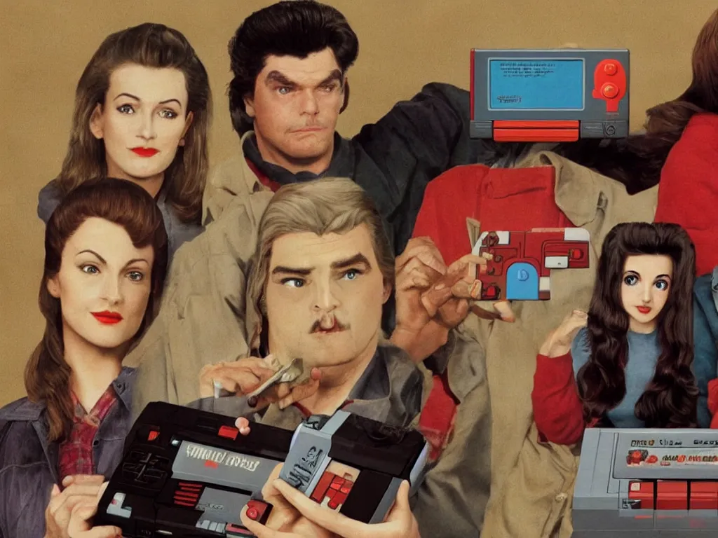 Image similar to twin peaks characters with a nes video game console