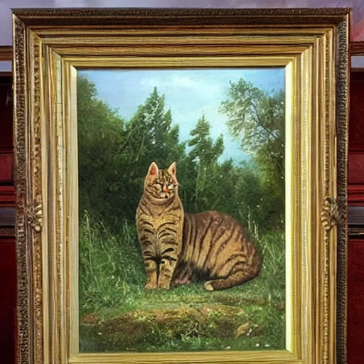 Prompt: huge cat besides small houses, oil painting by Ivan Shishkin