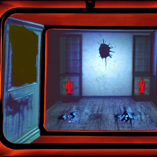 Prompt: vhs horror video game screenshot on ps 1 game, playstation 1 game, third person, horror