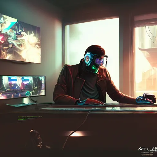 Image similar to realistic man using laptop in gaming room, artstation trends, cyberpunk concept art, highly detailed, intricate, sharp focus, digital art, 8 k