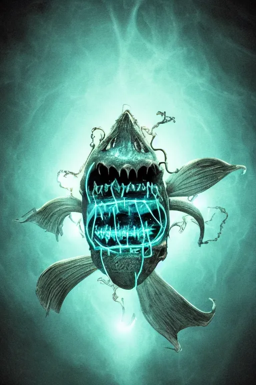 Image similar to a detailed spooky photograph of an angler fish with light blue neon - like lights, deep underwater scene, dark image, menacing angler fish, symmetry, poster