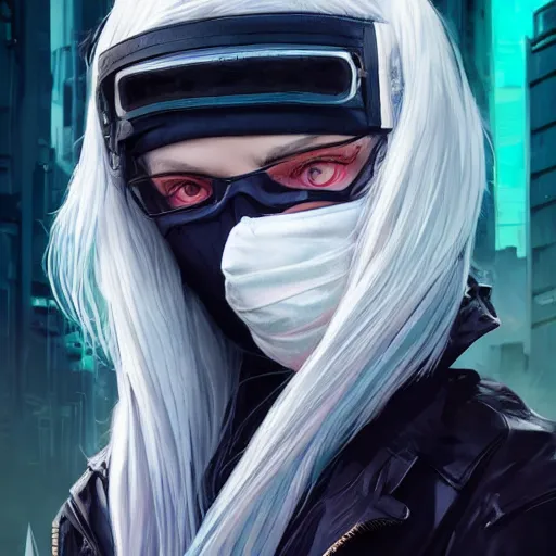 Image similar to very cool girl white hair girl with mask, streetwear, techwear, cyberpunk style outfit, full body, nose piercing, detailed portrait, intricate complexity, by greg rutkowski, cushart krentz, artgerm, ross tran, conrad roset, takato yomamoto, ilya kuvshinov. 4 k, beautiful, cinematic dramatic atmosphere, portrait lighting