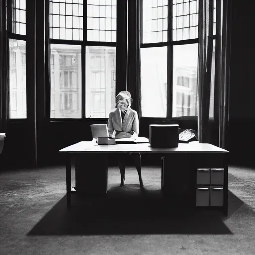 Prompt: employee having a mukbang at their desk in an empty office, gothic, dramatic, ultra realistic, 4k, grainy, Diane Arbus