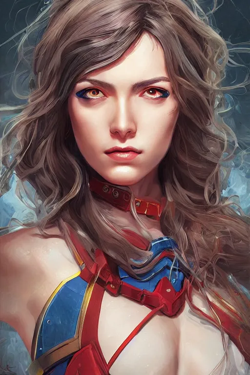 Image similar to three quarters portrait of a beautiful woman,super hero costume,heroic pose,highly detailed, digital painting,illustration, art by Stanley Lau