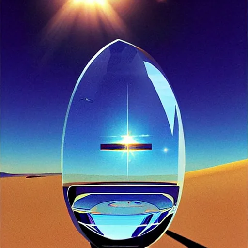 Image similar to poster big crystal in the desert, reflection from the crystal is sparkling due to sun, small starship near, futuristic, hi-tech details, style jean giraud