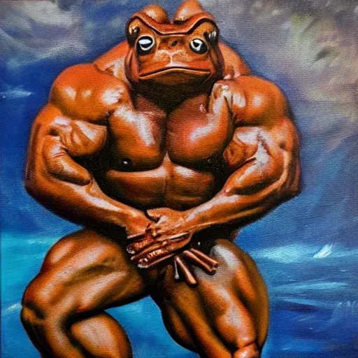 Prompt: an oil painting in the style of albert beirstadt, a bodybuilding frog