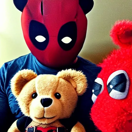 Image similar to Deadpool with Ted bear from Ted movie, chilling on the couch, drinking beers, 🍻, cheers!