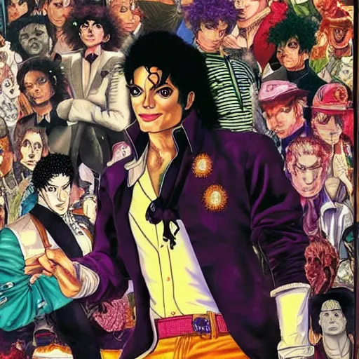 Image similar to a portrait of Michael Jackson in a scenic environment by Hirohiko Araki, JoJos bizarre adventure cover art, hyperdetailed
