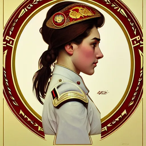 Prompt: a portrait of a female soviet officer, upper half portrait, decorated with soviet motifs, russian soviet motifs, soviet, traditional russia, intricate, elegant, highly detailed, symmetry, headpiece, digital painting, artstation concept art smooth sharp focus, illustration, art by artgerm and greg rutkowski alphonse mucha 8 k