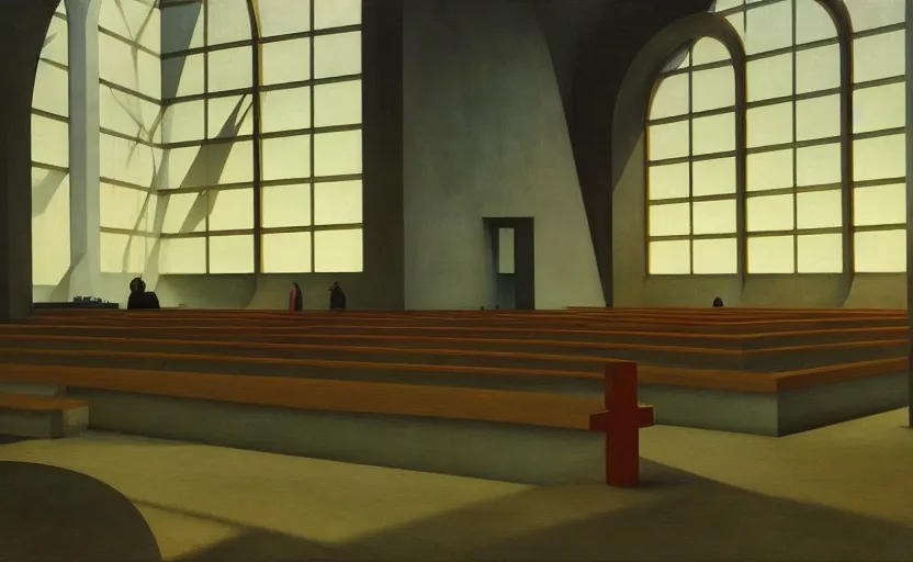 Prompt: Inside futuristic brutalist church with a big cross windows, Edward Hopper and James Gilleard, Zdzislaw Beksinski, Mark Ryden, Wolfgang Lettl highly detailed, hints of Yayoi Kasuma