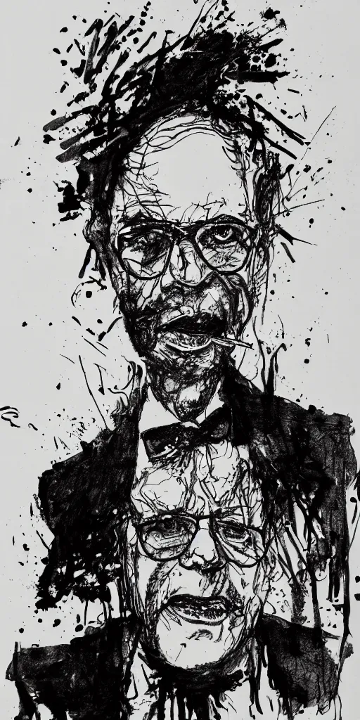 Image similar to a loose wild messy ink sketch portrait of a self portrait in the style of ralph steadman, caricature, dramatic