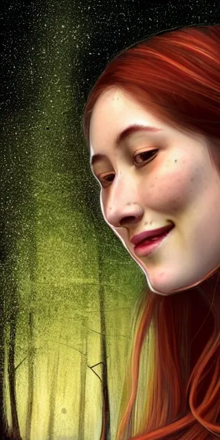 Image similar to infp young woman, smiling, amazed by golden fireflies lights, sitting in the midst of nature fully covered, long loose red hair, intricate linework, green eyes, small nose with freckles, oval shape face, realistic, expressive emotions, dramatic lights, spiritual scene, hyper realistic ultrafine art by cecco del caravaggio and artgerm