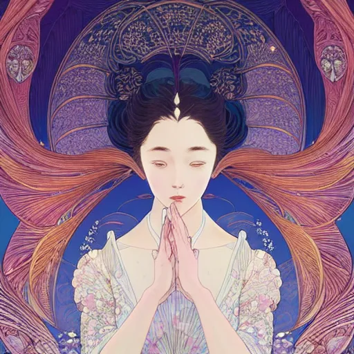 Prompt: a beautiful exquisite delicate hyperdetailed character design 4 k wallpaper illustration of a phoenix princess, victo ngai style, finely detailed perfect face delicate features directed gaze, style of studio ghibli, makoto shinkai, raphael lacoste, louis comfort tiffany, denoise, deblurring, artgerm, james jean, ross tran, alphonse maria mucha, chinese style