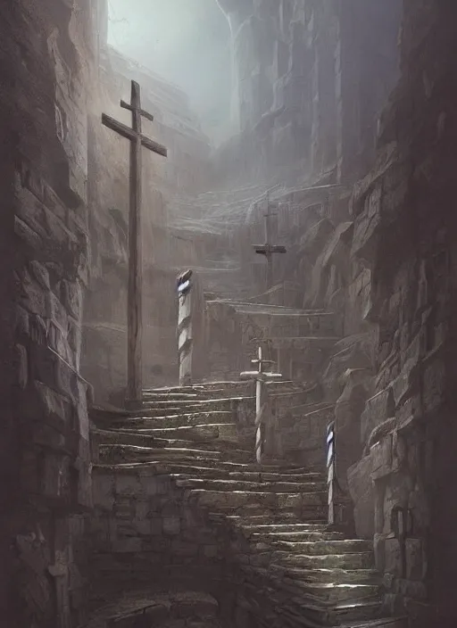 Prompt: painting of a stairway leading to two crosses, concept art by mathias kollros, cgsociety contest winner, fantasy art, concept art, matte drawing, matte painting