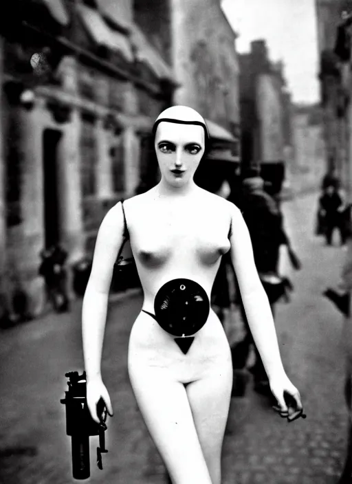 Image similar to photography of beautyful female android steampunk by henri cartier - bresson,