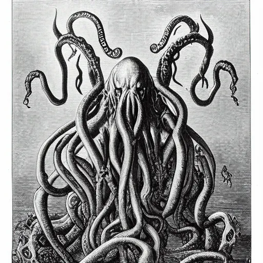 Prompt: a portrait of cthulhu, illustration by Gustave Doré