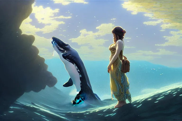 Image similar to painting of panorama view of under the water, wearing beautiful clothes, hyper detailed cg rendering of a cute girl and whale, atmospheric lighting, perfect shadow, elegant, highly detailed, digital painting, artstation, concept art, smooth, sharp focus, illustration, art raphael lacoste, by artgerm and greg rutkowski and alphonse mucha, 8 k