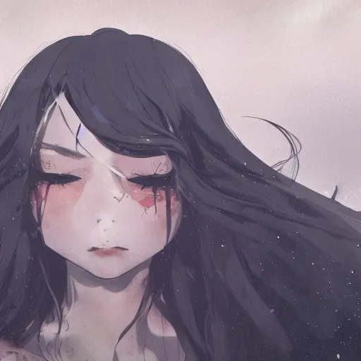 Image similar to a cute girl with long hair crying in front of a coffin, cinematic lighting, dramatic atmosphere, artwork by dustin nguyen, akihiko yoshida, greg tocchini, greg rutkowski, cliff chiang, 4 k resolution, trending on artstation