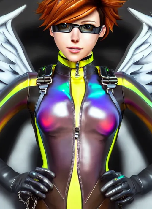 Image similar to portrait bust digital artwork of tracer overwatch, wearing iridescent rainbow latex and leather straps catsuit outfit, expressive happy face, makeup, in style of mark arian, angel wings, wearing detailed leather collar, chains, black leather harness, detailed face and eyes,