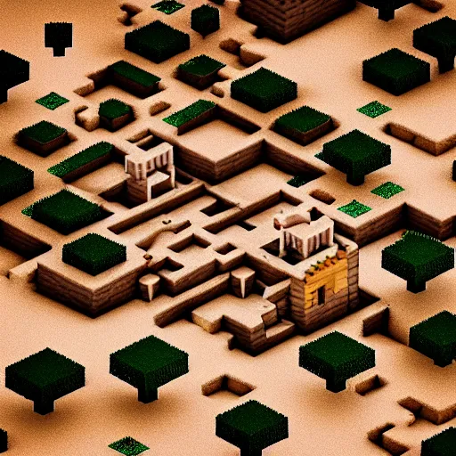 Prompt: a minecraft village in a desert biome. 3 5 mm studio photograph by artem demura.