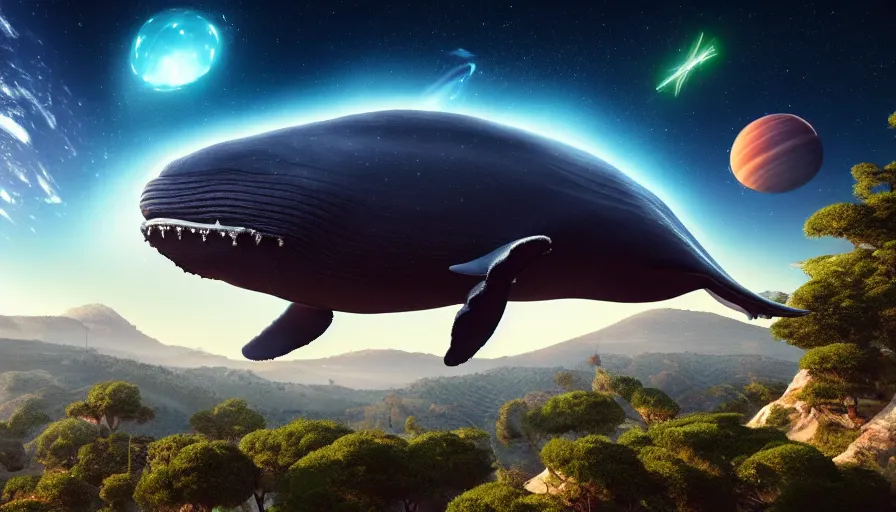 Image similar to highly detailed cinematic scifi render of a flying whale over the tuscany skies, cypresses and hills, stars and planets, hyper detailed, digital art, led lighting, studio quality, smooth render, unreal engine 5, octane render, trending on artstaion.