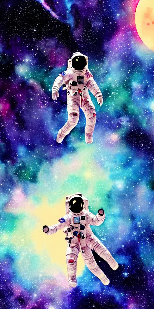 Prompt: oriental water color of a female astronaut, floating through the void of space, stars are spread out, anime movie, highly detailed