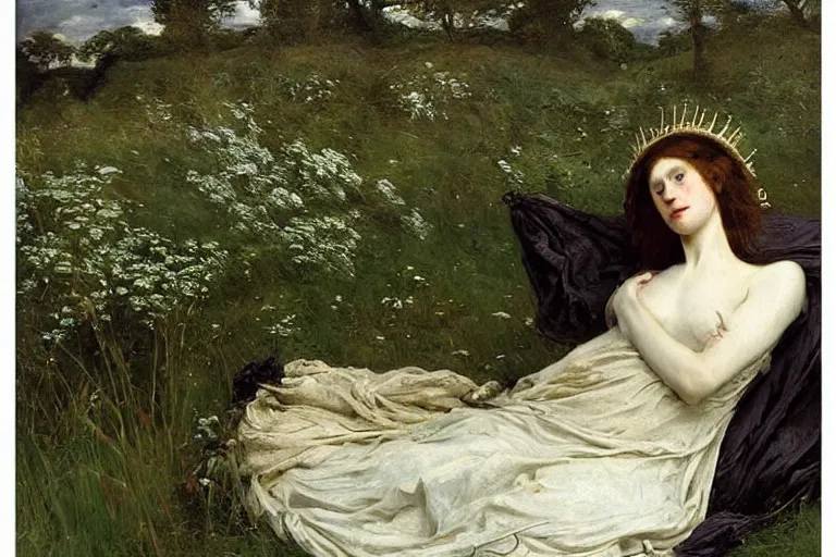 Prompt: sad portrait of a xenomorph queen in a meadow by sir john everett millais, photorealistic, hyperdetailed, ethereal, masterpiece, oil painting