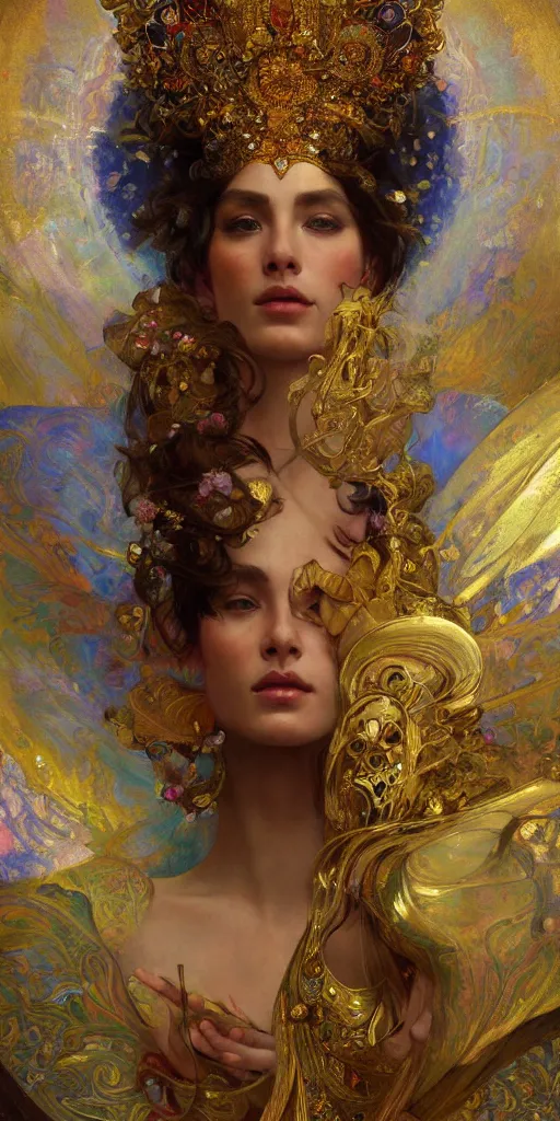 Prompt: an intricate painting of a beautiful goddess with an artistic pose, hyper - detailed, ornamental gold headpiece, octane render, vivid colors, artstation, by jeremy mann, by alphonse mucha, by boris vallejo, by gustav klimt