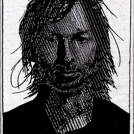 Prompt: Thom Yorke woodcut print