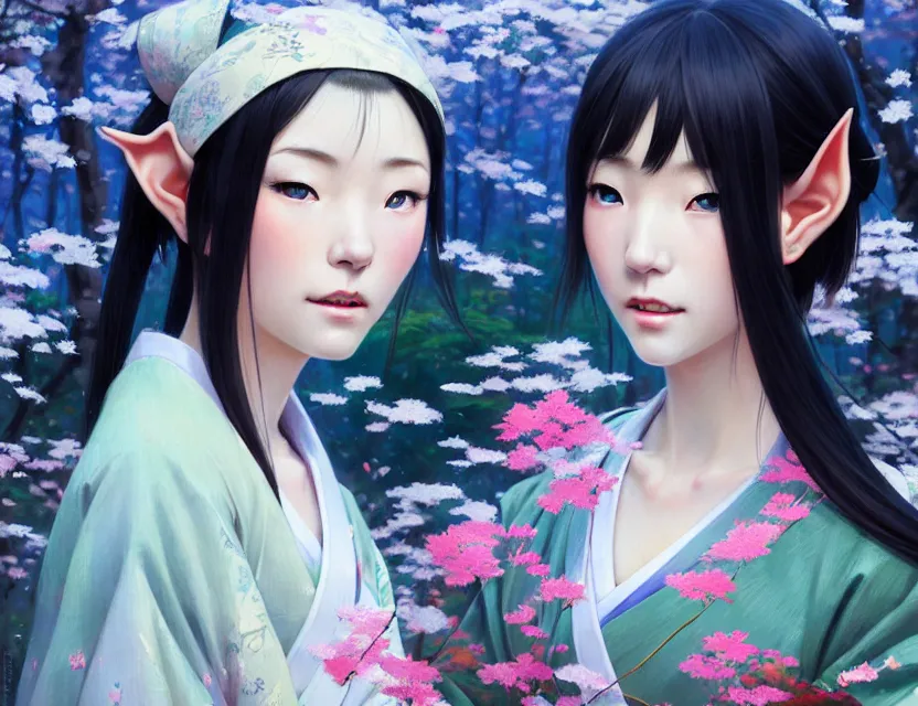 Image similar to a beautiful shibuya 1 0 9 female elf with haori and kimono decollete and jewelry | | snowy, realistic shaded, unpleasant face, channel, fasion, fine details, realistic shaded lighting poster by makoto shinkai, jeremy lipkin, michael garmash, magali villeneuve, artgerm, jeremy lipkin and michael garmash