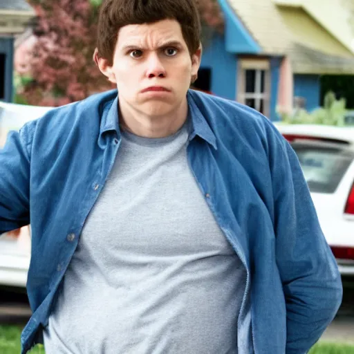 Image similar to Live Action Still of Jerma in Superbad, real life, hyperrealistic, ultra realistic, realistic, highly detailed, epic, HD quality, 8k resolution, body and headshot, film still